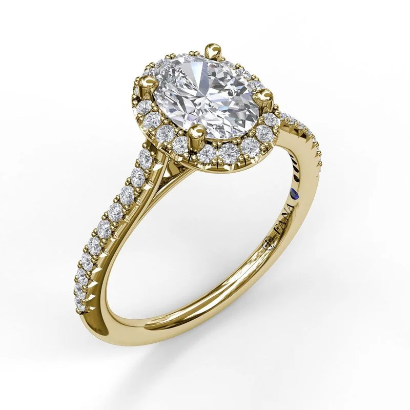 ladies engagement ring vintage-Delicate Oval Shaped Halo And Pave Band Engagement Ring