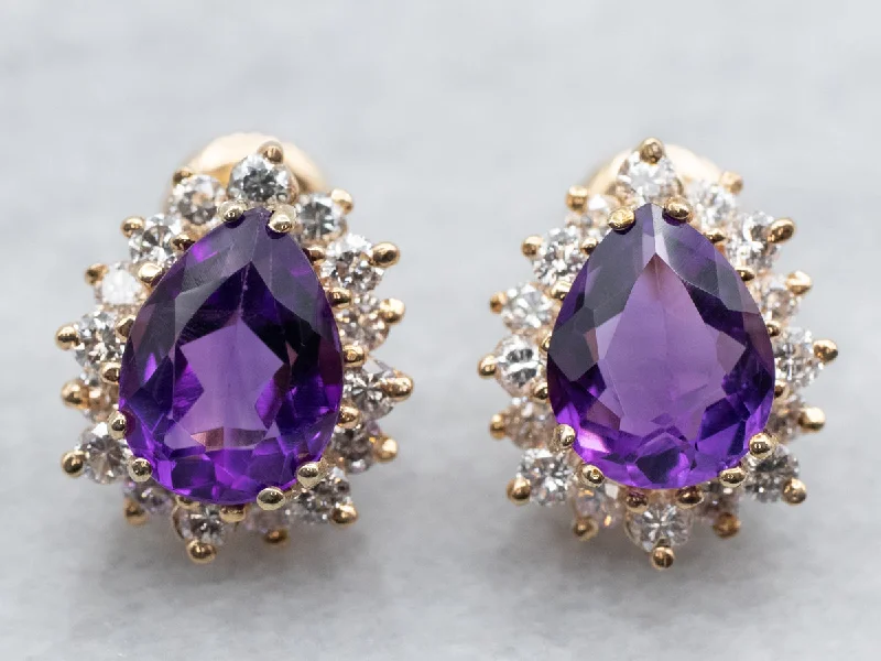 ladies earrings 1950s style-Amethyst Diamond Halo Stud Earrings