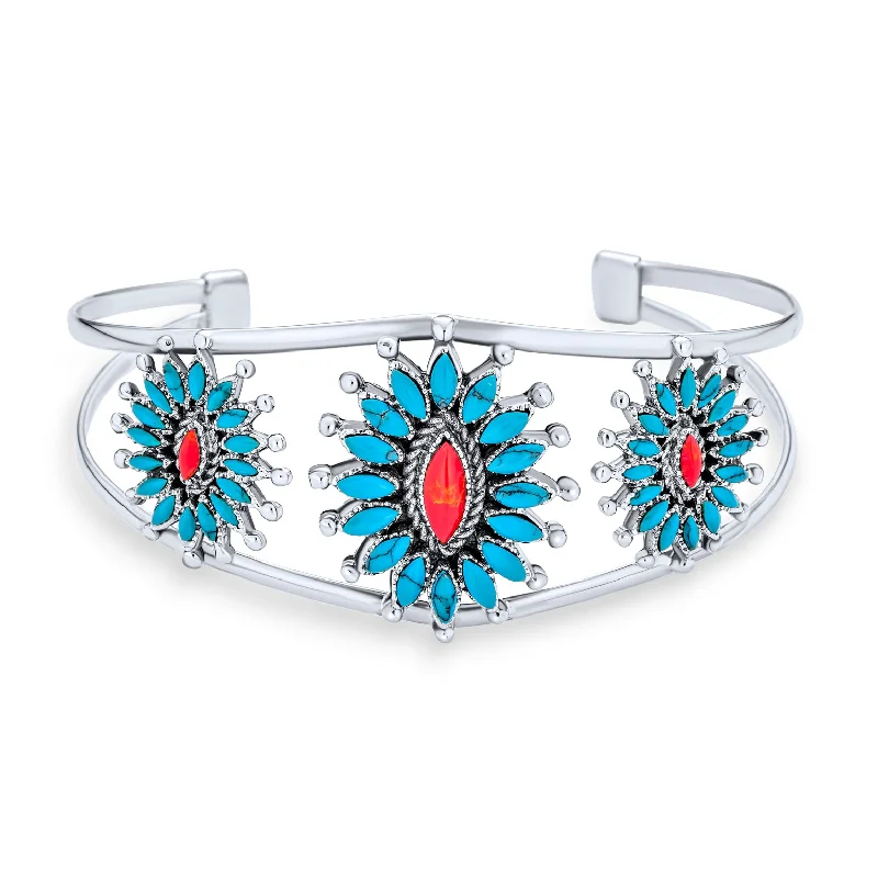 Ladies bracelets sturdy build designs-Southwestern Navajo Style Coral Turquoise Zuni Flower Cuff Bracelet Sterling Silver