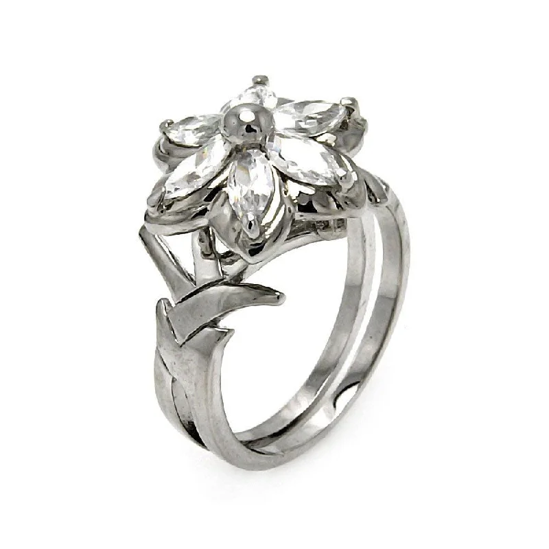 ladies ring formal silver-Silver 925 Rhodium Plated CZ Flower Ring - STR00138