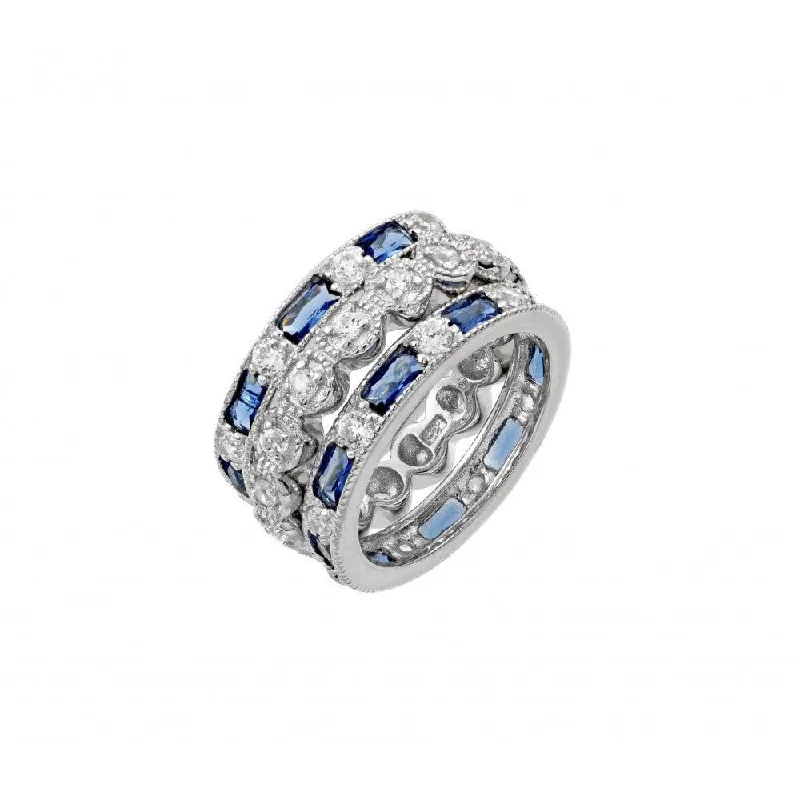 ladies ring seven stone-Silver 925 Rhodium Plated Blue Baguette and Round Clear CZ Ring - STR01019