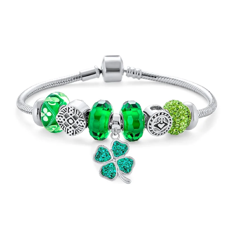 Ladies bracelets floral detail bracelets-Irish Celtic Knot Charm Bracelet with Green Shamrock and Claddagh Beads Sterling Silver