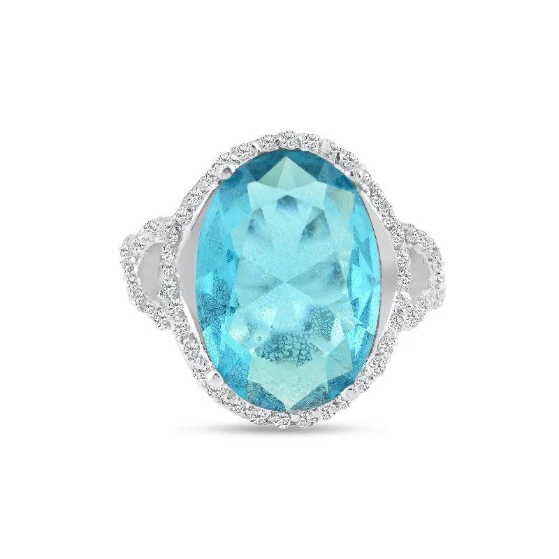 ladies ring avant-garde-Silver 925 Rhodium Plated Blue Center and Clear CZ Ring - STR00543