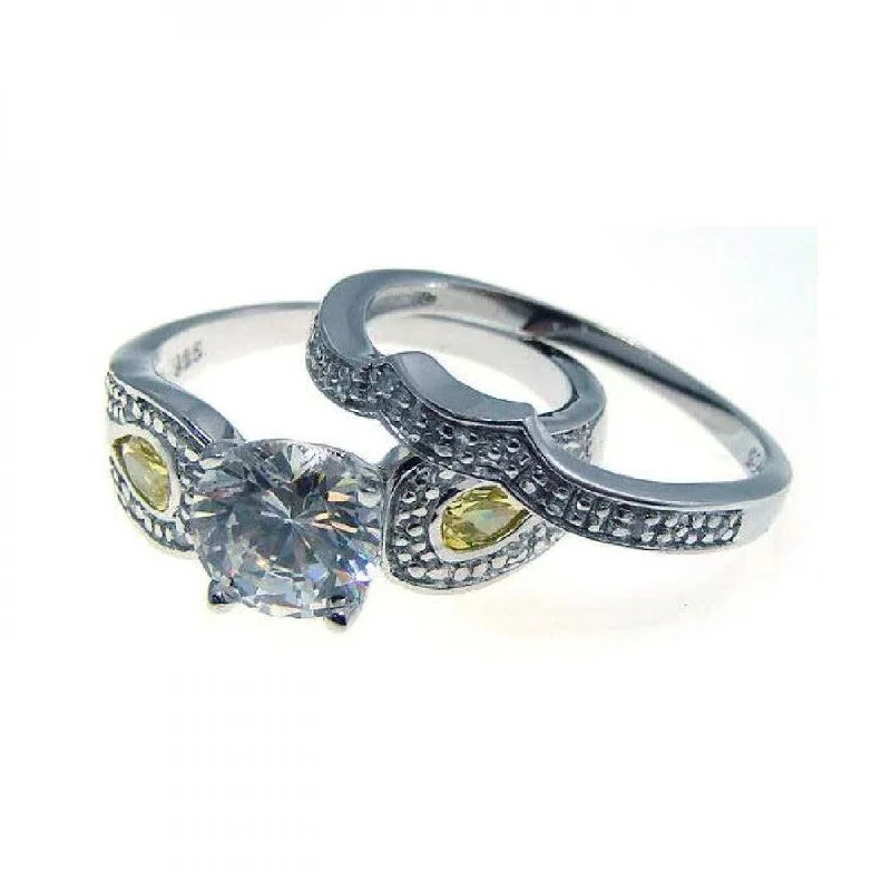 ladies ring bold silver-Silver 925 Rhodium Plated Yellow and Clear CZ Antique Ring Pair - STR00535