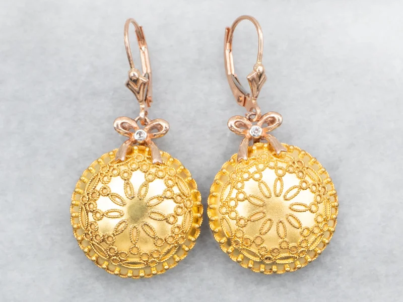 ladies earrings victorian-Two Tone Mandala Drop Earrings with Bow Detail and Diamond Accents