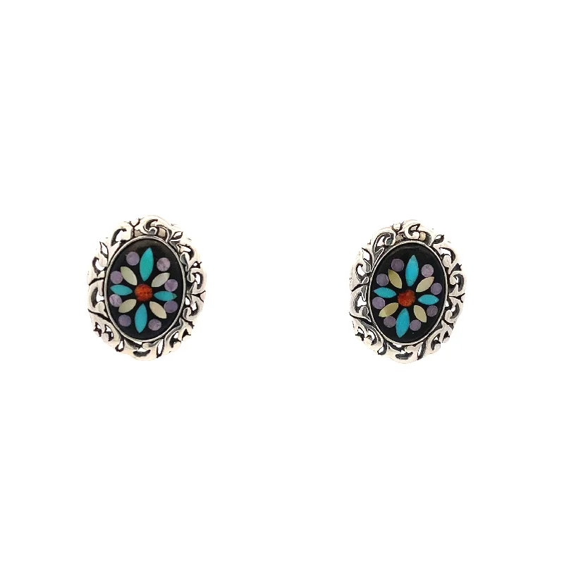 ladies earrings matte-Estate Turquoise Inlay Earrings in Silver