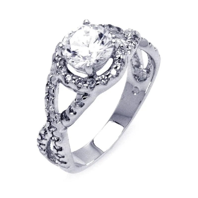 ladies ring hypoallergenic-Silver 925 Rhodium Plated Clear Center CZ Wave Side Bridal Ring - BGR00404