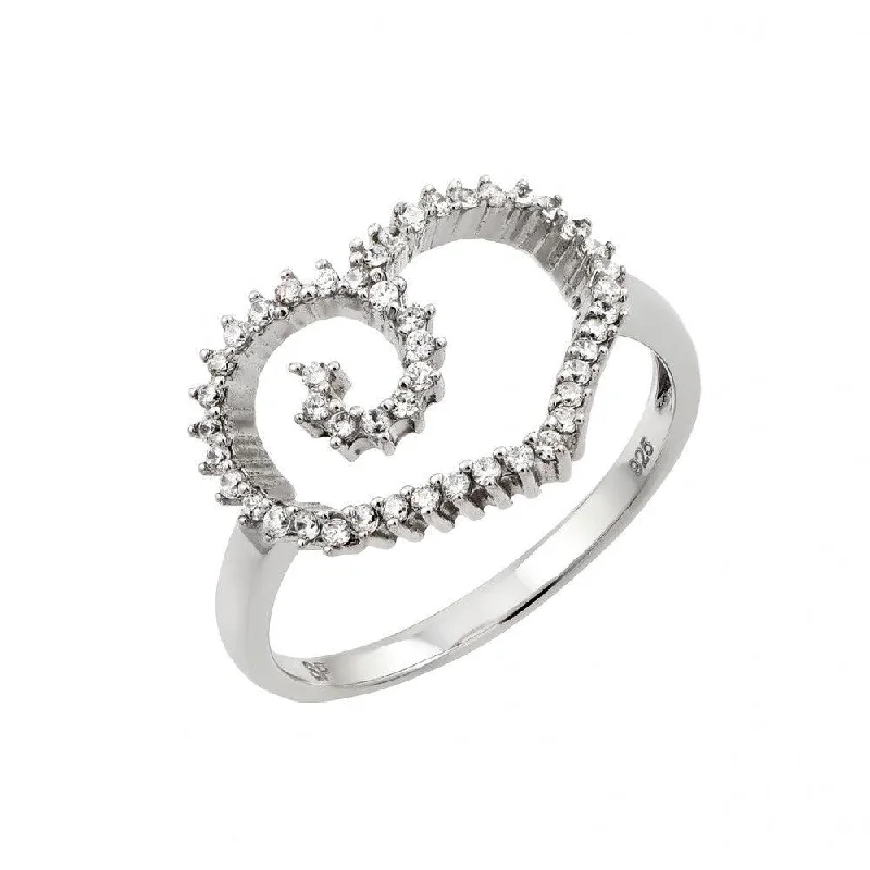 ladies ring slim-Silver 925 Rhodium Plated CZ Open Heart Ring - GMR00012