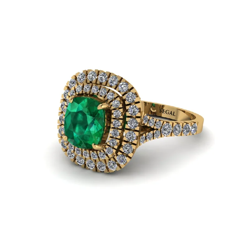 ladies engagement ring bohemian-Emerald Double Halo Cushion Cut Engagement Ring - Courtney No. 4