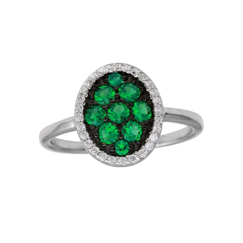 ladies ring romantic silver-Rhodium Plated 925 Sterling Silver Oval Ring with Green and Clear CZ - BGR01233GRN