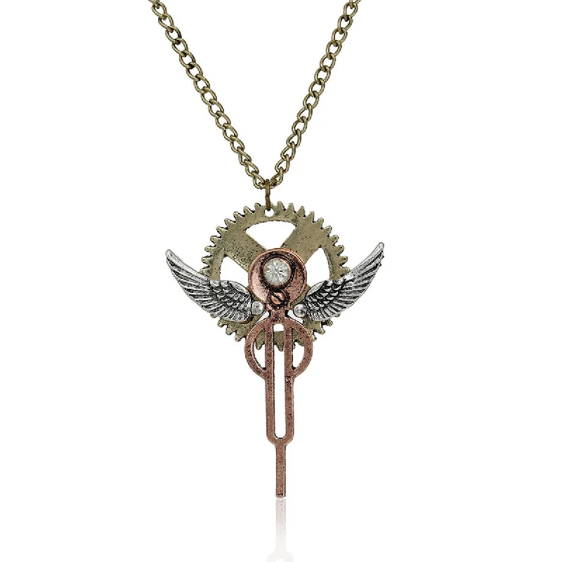 Ladies necklaces 2025 style trends-SEXY SPARKLES Steampunk Necklace Link Curb Chain Antique Bronze Angel Wing Gear Hollow Pendant With Clear Rhinestone