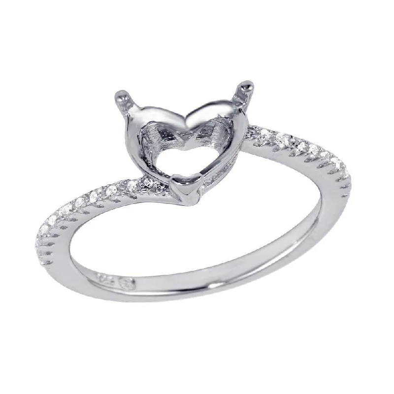 ladies ring dainty silver-Rhodium Plated 925 Sterling Silver Asymmetrical Heart Stone Mounting Ring with CZ - BGR01061