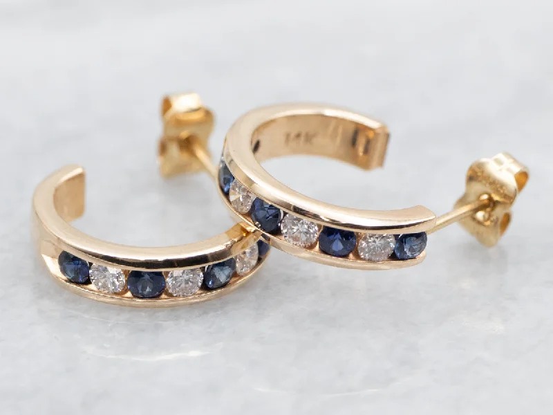 ladies earrings threader gold-Channel Set Sapphire and Diamond Hoop Earrings