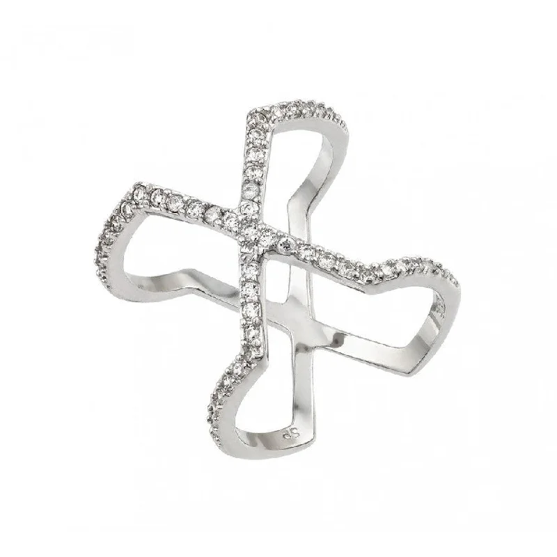 ladies ring floral silver-Silver 925 Rhodium Plated Cross X Clear CZ Ring - STR01007