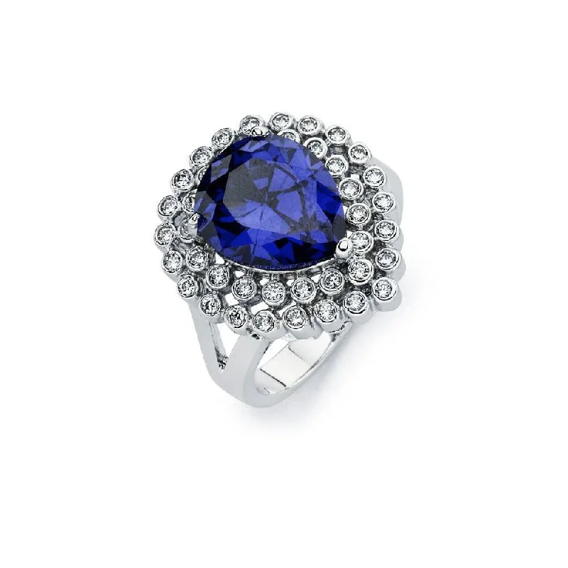 ladies ring engagement-Silver 925 Rhodium Plated Blue Pear Center and Clear Round Cluster CZ Ring - BGR00747