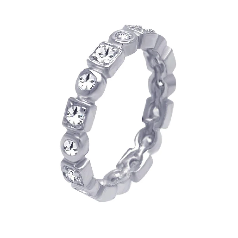 ladies ring premium-Silver 925 Rhodium Plated Clear Square Round CZ Stackable Eternity Ring - AAR0009