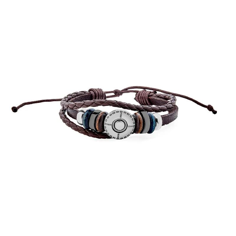 Ladies bracelets long-lasting bracelets-Boho Brown Leather Triple Wrap Bracelet with Wood Beads and Coin Charm for Men