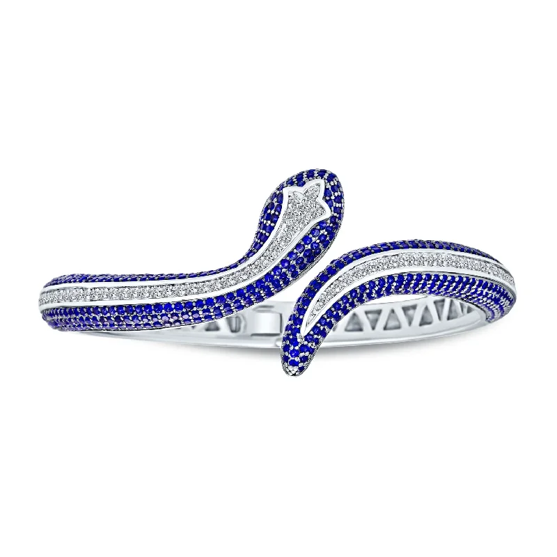 Ladies bracelets brilliant cut designs-Exotic Serpent Bangle Bracelet with Cubic Zirconia in Rhodium Plated Finish