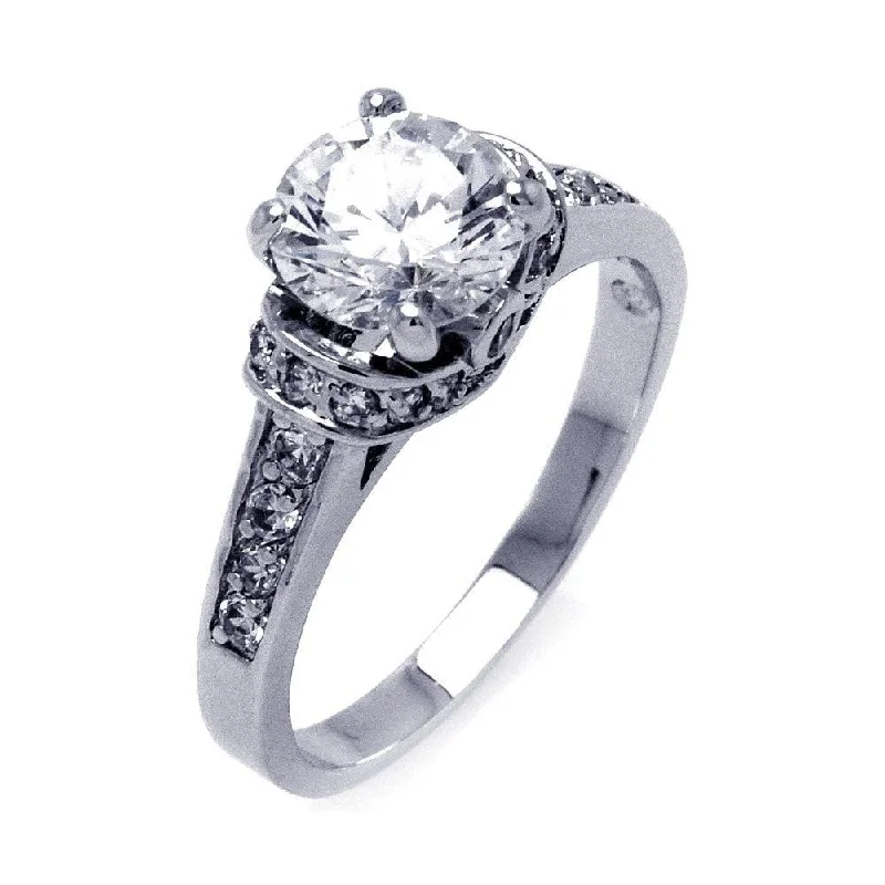 ladies ring metallic tones-Silver 925 Rhodium Plated Channel Set Clear Round Center CZ Bridal Ring - BGR00397