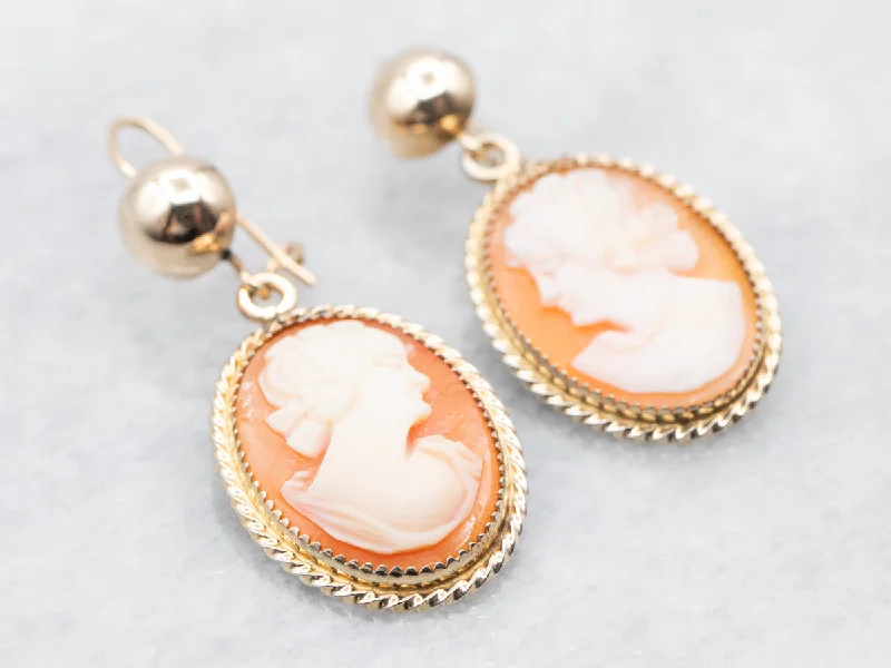 ladies earrings trendy-Yellow Gold Cameo Drop Earrings