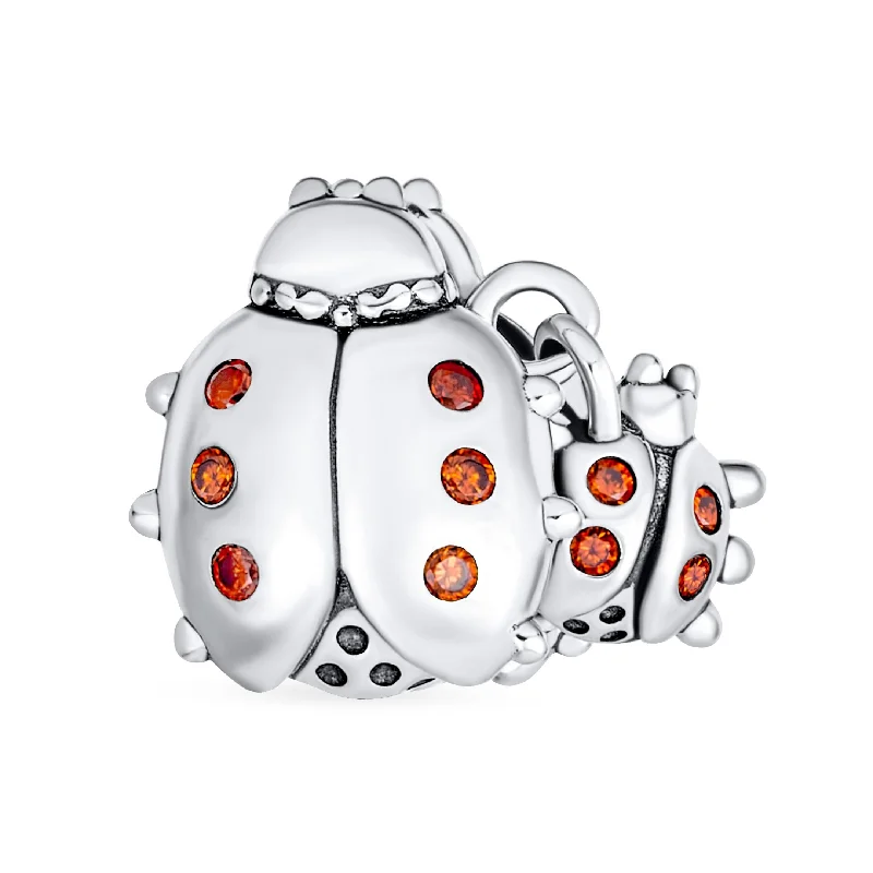 Ladies bracelets tight fit cuffs-Insect Garden Ladybugs Red CZ Dangle Charm Bead Sterling Silver for Bracelet