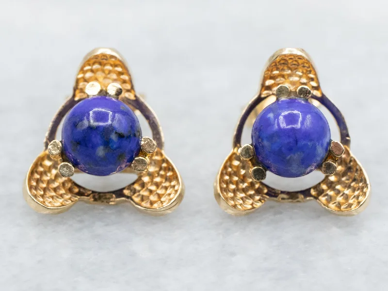 ladies earrings bold platinum-Textured Yellow Gold Lapis Stud Earrings