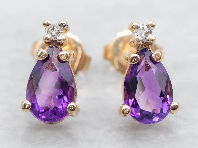 ladies earrings huggie silver-Amethyst and Diamond Stud Earrings