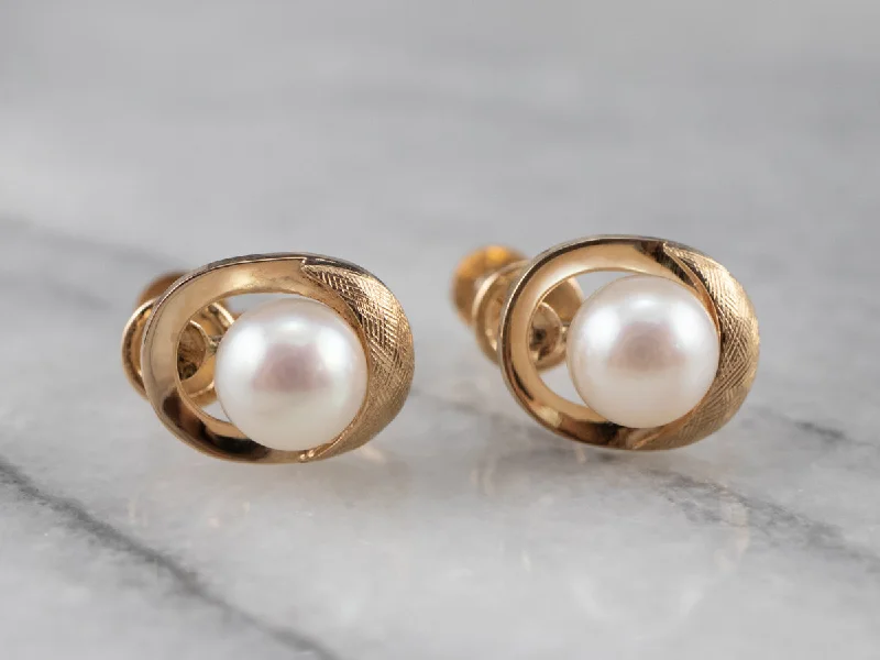 ladies earrings under 50-Pearl Gold Screw Back Earrings