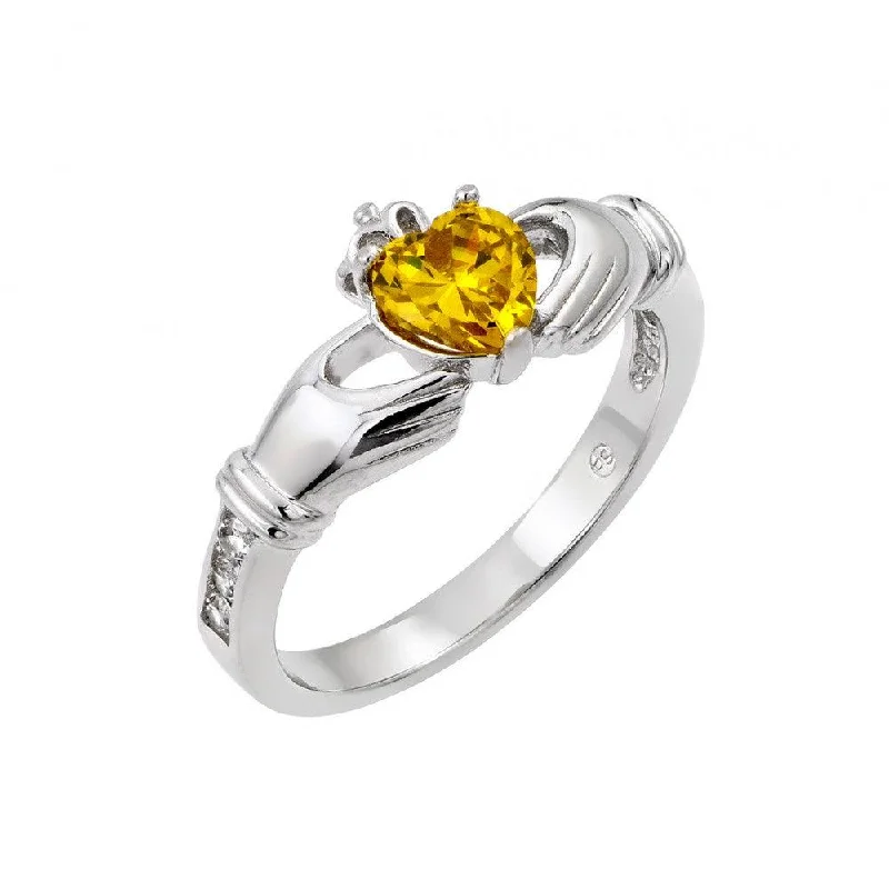 ladies ring vibrant stones-Silver 925 Rhodium Plated Yellow Heart CZ Claddagh Ring - BGR00491YEL