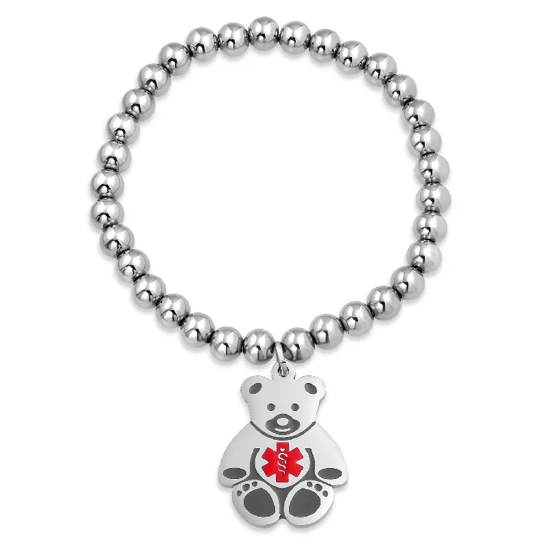 Ladies bracelets cabochon stone designs-Medical ID Bracelet with Teddy Bear Charm and Silver Tone Beads