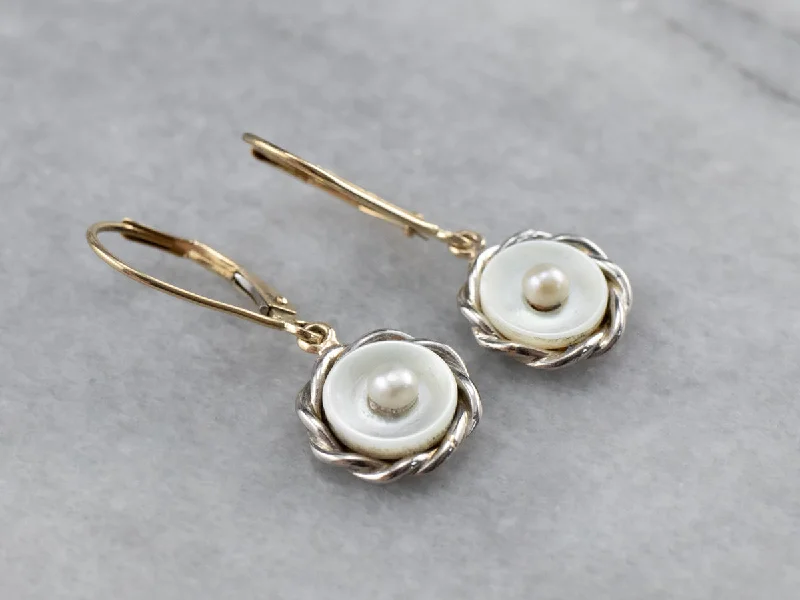 ladies earrings holiday gold-Mother of Pearl Two Tone Gold Drop Earrings