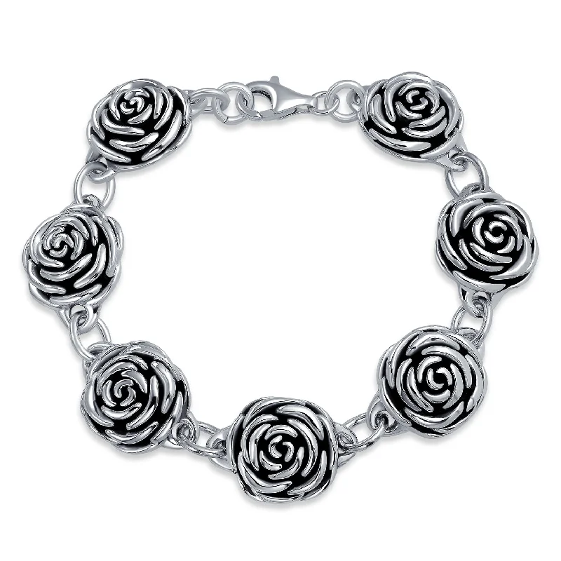 Ladies bracelets elegant timeless looks-Antiqued Finish 3D Garden Flower Strand Bracelet Black Rose Oxidized Silver