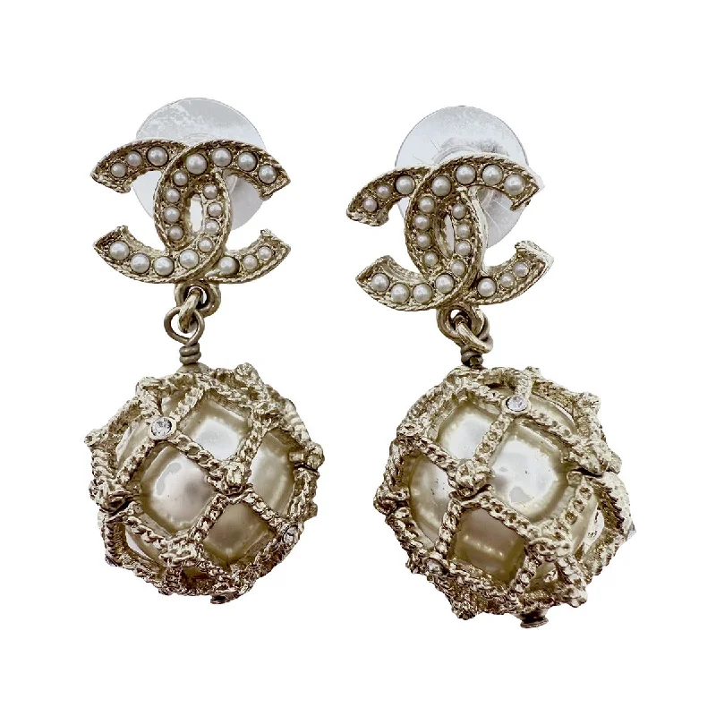 ladies earrings climber silver-Chanel 2019 Caged Faux Pearl Drop Earrings