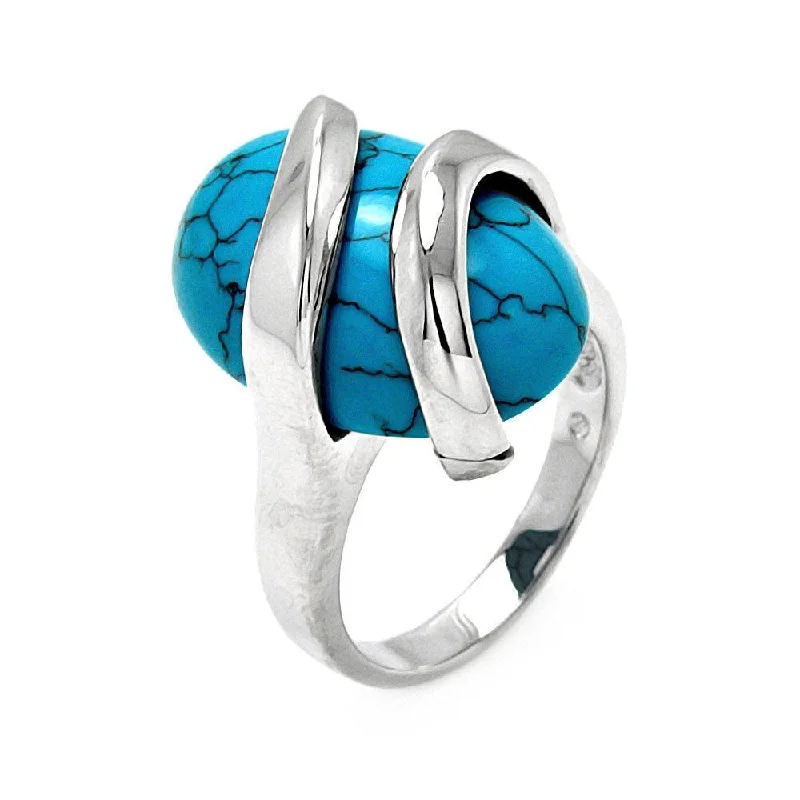 ladies ring gothic silver-Silver 925 Rhodium Plated Sideways Oval Turquoise Ring - BGR00547