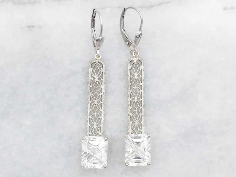 ladies earrings oval silver-White Topaz Filigree Drop Earrings