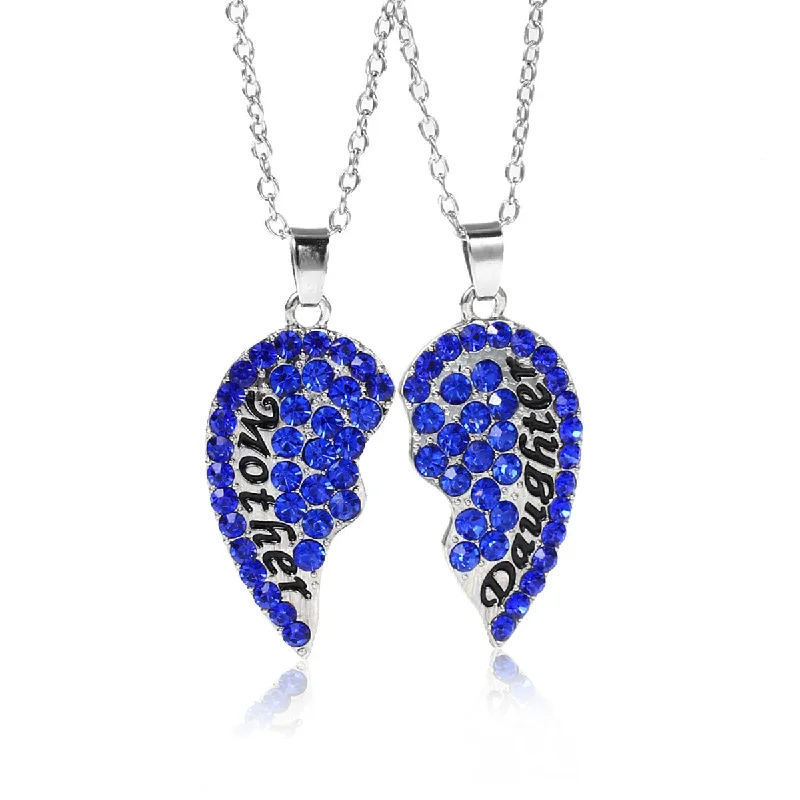 Ladies necklaces marquise cut necklaces-Necklace Long Link Cable Chain Broken Heart Message " Mother & Daughter " Pendants Royal Blue Rhinestone