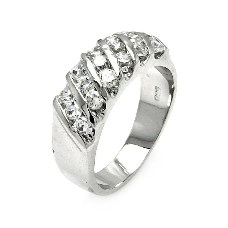 ladies ring casual gold-Silver 925 Rhodium Plated Clear Round CZ Stripe Ring - BGR00561