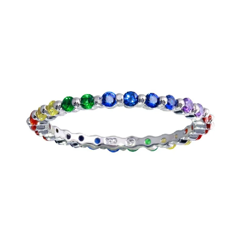 ladies ring sapphire-Rhodium Plated 925 Sterling Silver Rainbow CZ Eternity Ring - BGR01243