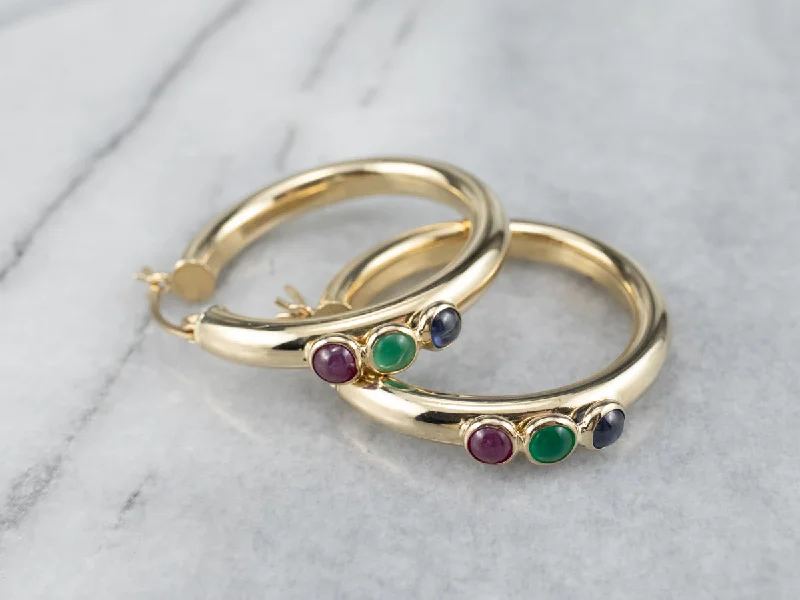 ladies earrings lightweight platinum-Ruby Green Onyx and Sapphire Hoop Earrings