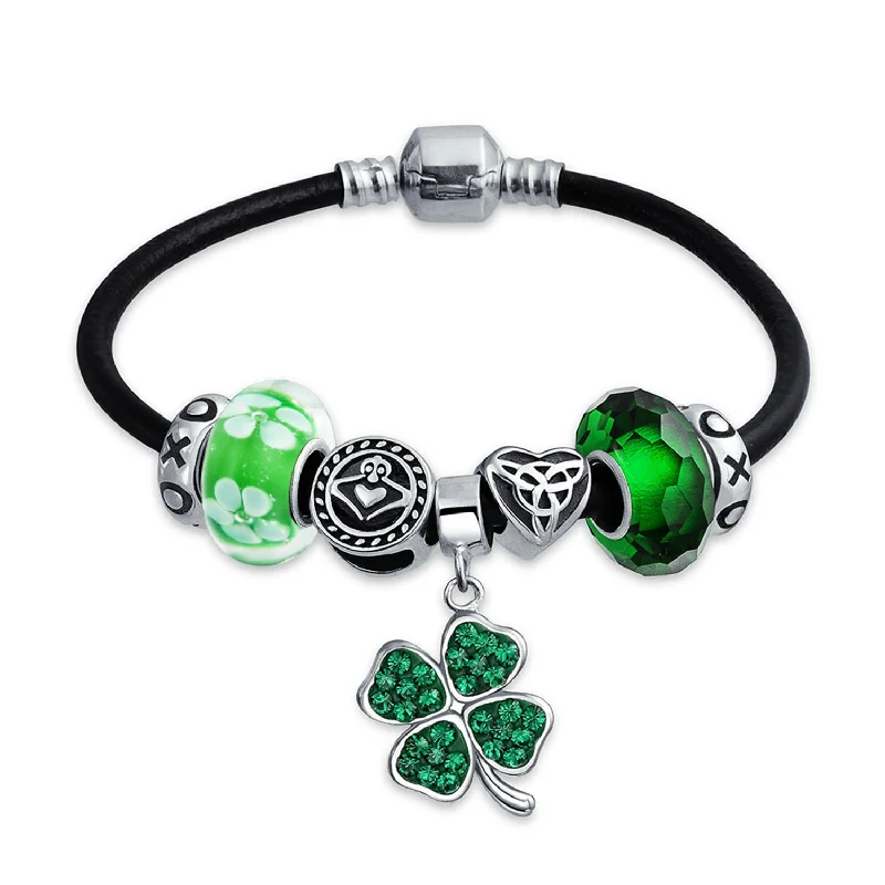 Ladies bracelets cuff statement pieces-Celtic Clover Shamrock Claddagh Charm Bracelet Leather Sterling Silver