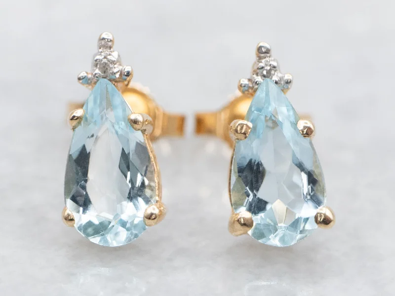 ladies earrings jacket gold-Aquamarine and Diamond Stud Earrings