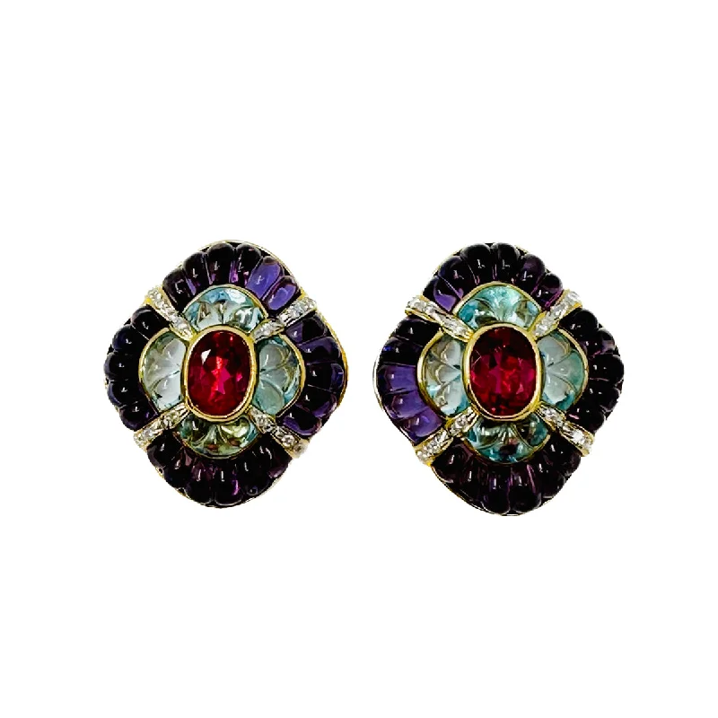 ladies earrings sale-18K Gold Clip-on Earrings with Amethyst, Blue Topaz and Diamonds