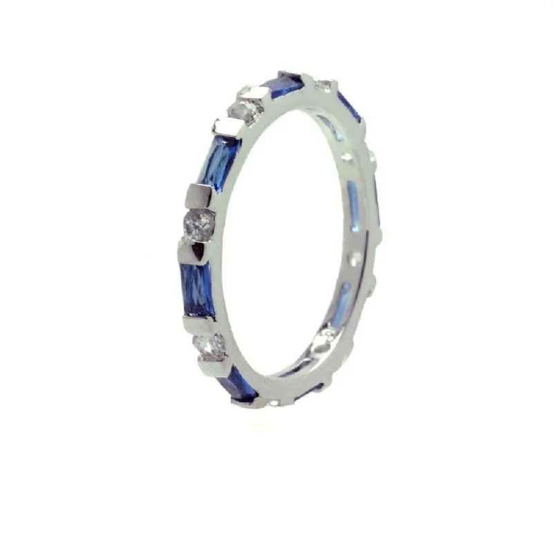 ladies ring casual silver-Silver 925 Rhodium Plated Blue CZ Stackable Eternity Ring - BGR00621