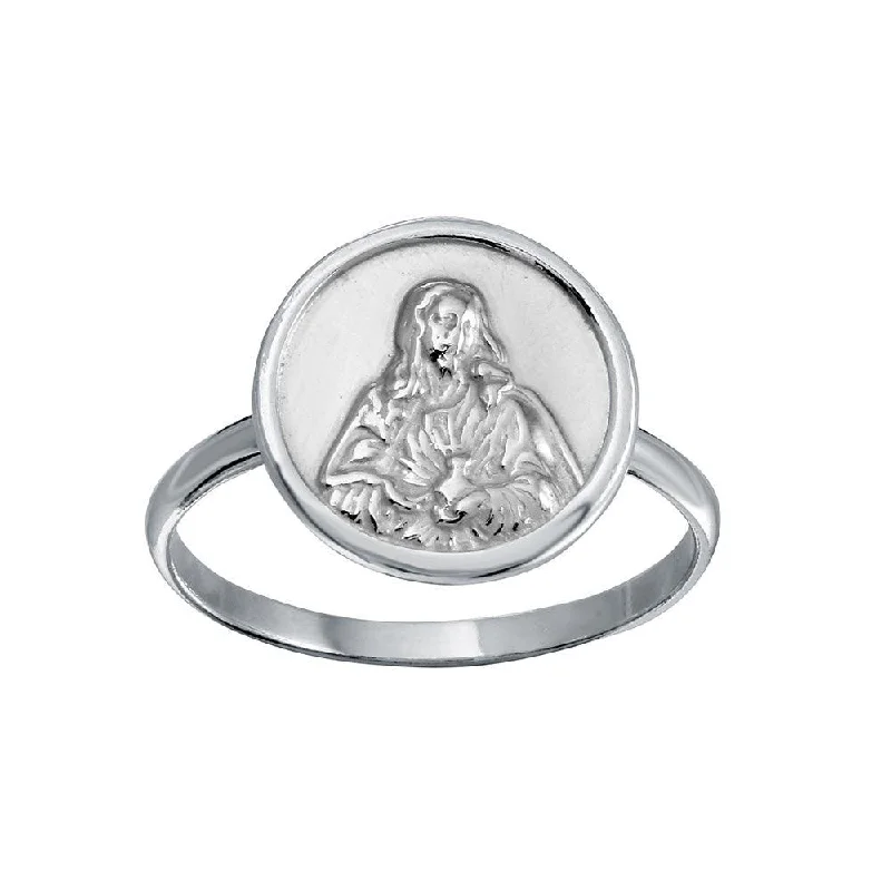 ladies ring small size-High Polished 925 Sterling Silver Disc Mother Mary Design Ring - SOR00032