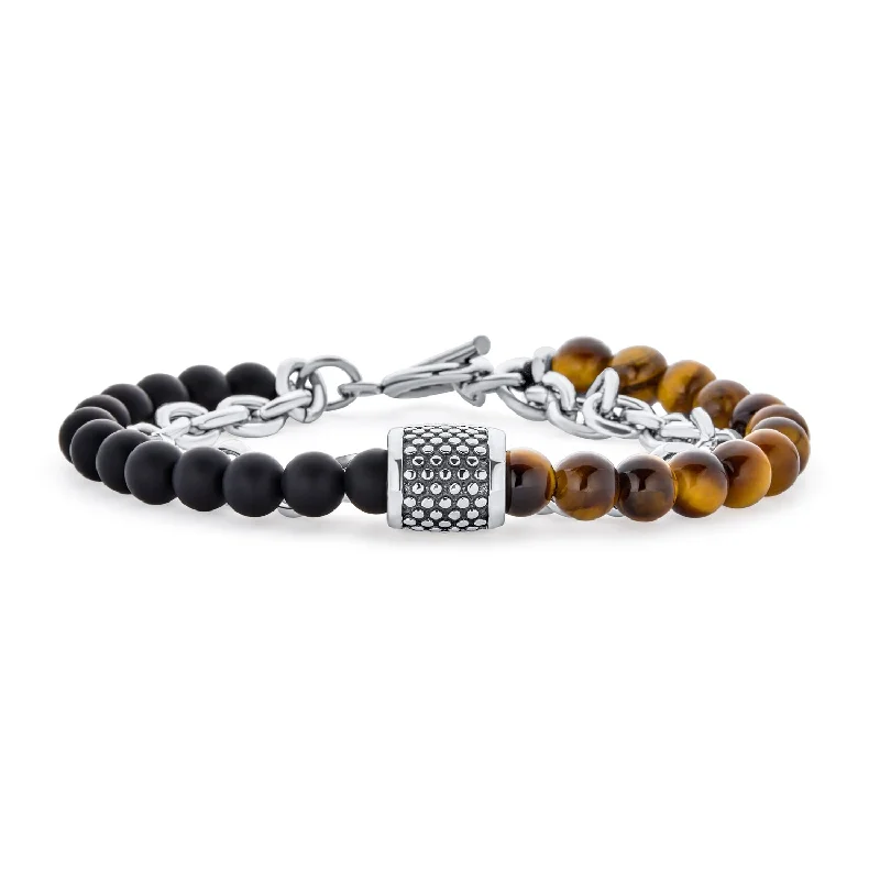 Ladies bracelets contemporary bold styles-Mixed Two Tone Stretch Bracelet with Gemstone Beads & Silver Toggle Clasp