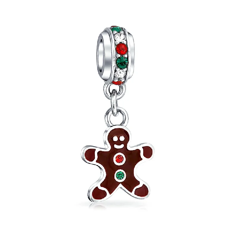 Ladies bracelets white diamond styles-Christmas Charm Bead Gingerbread Man Cookie Brown Enamel Sterling Silver Bracelet