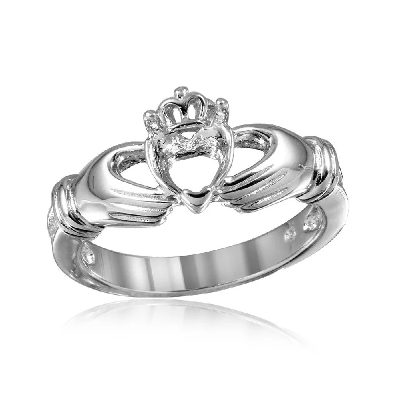 ladies ring zirconia silver-Silver 925 Rhodium Plated Claddagh CZ Heart Mounting Ring - BGR00491