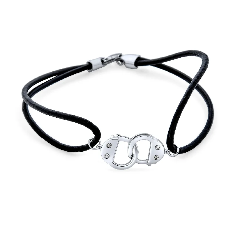 Ladies bracelets art deco bracelets-Minimalist Wrap Bracelet Black Leather Cord with Sterling Silver Handcuff Design