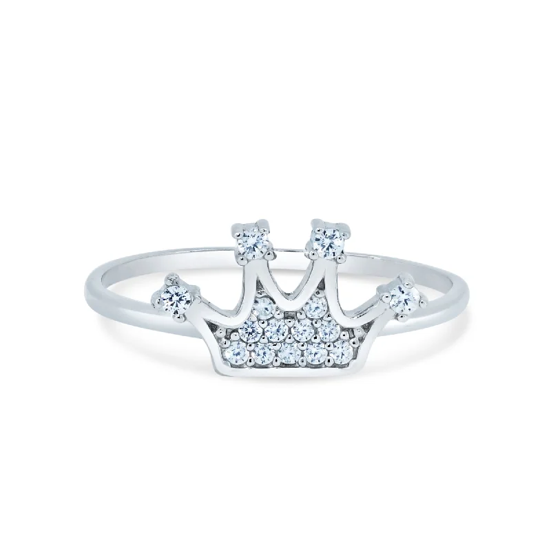 ladies ring neutral tones-Rhodium Plated 925 Sterling Silver Crown Design CZ Ring - GMR00373