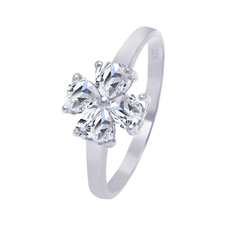 ladies ring floral gold-Silver 925 Rhodium Plated Clear CZ Cross Clover Ring - AAR0010